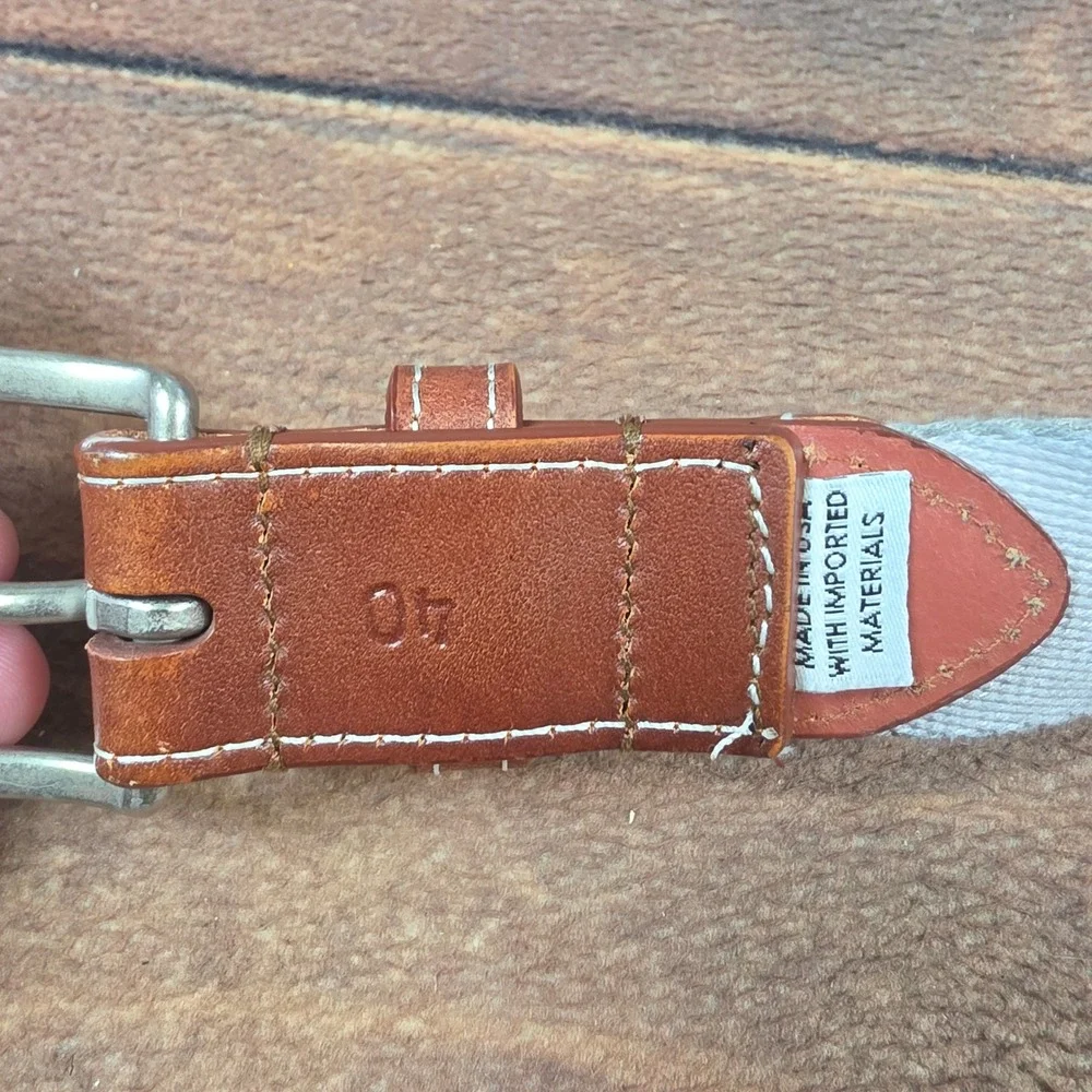 Peter Millar Canvas Belt Mens 40 Blue Good Embroidered Leather Trim